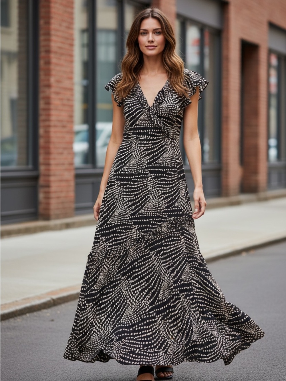 Lola P Black Cream Dot Swirl Print Maxi Dress Size S Rayon Flutter Sleeve Boho